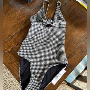 NWT - Knot-Front Gingham Swimsuit, Navy/Ecru,  XS - The White Company